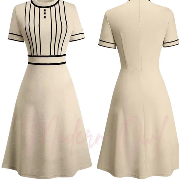 Classy Pin up Style Ivory Patchwork A-Line Dress - Picture 6 of 10